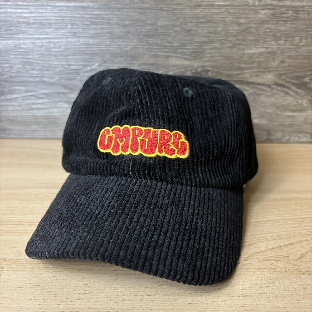 GMPURE Hat Cap Strap Back Black Corduroy Embroidered Logo Retro Style Mens